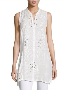 Johnny Was White Wirey Vine Georgette Sleeveless Embroidered Button-Front tunic